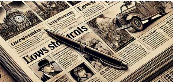 Ancienne presse illustrée avec articles et images vintage, incluant une voiture ancienne et un détective." (124 caractère