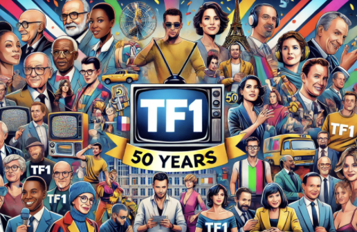 Célébration des 50 ans de TF1 : groupe diversifié de personnalités et moments emblématiques de la chaîne.