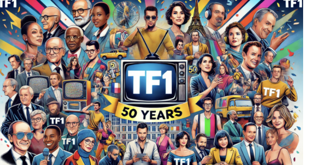 Célébration des 50 ans de TF1 : groupe diversifié de personnalités et moments emblématiques de la chaîne.