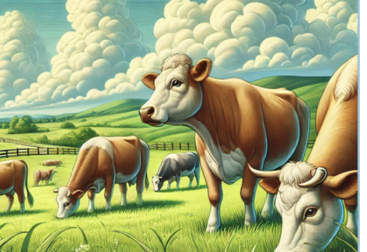 Vaches paisibles dans un vaste pré vert sous ciel nuageux.