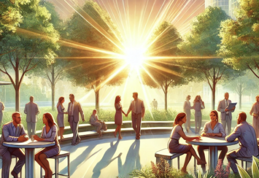 Groupe de personnes en réunion en extérieur sous un soleil radieux, entourées d'arbres.