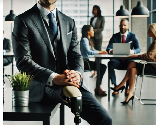 Un homme en costume assis, prothèse visible à la jambe, en réunion professionnelle avec d'autres collaborateurs en arrièr