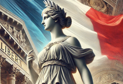 Statue féminine drapée en laiton, couronnée de feuilles, devant un bâtiment avec colonne et drapeau tricolore. Symbole de