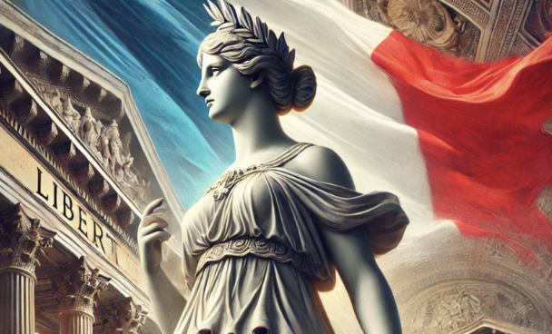 Statue féminine drapée en laiton, couronnée de feuilles, devant un bâtiment avec colonne et drapeau tricolore. Symbole de