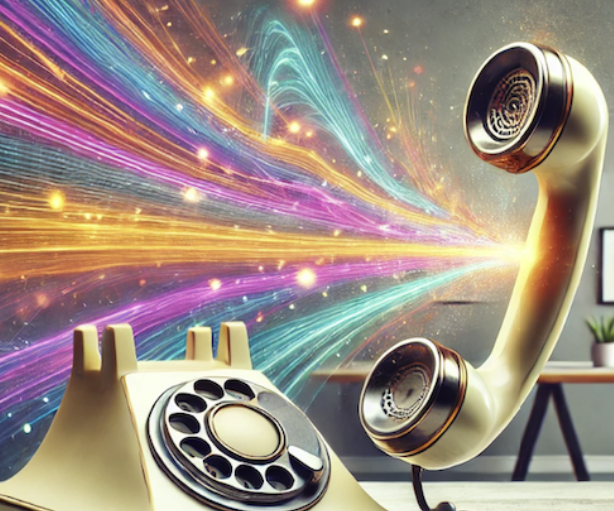 Image : Téléphone vintage relié à des flux lumineux colorés évoquant la connexion numérique futuriste.