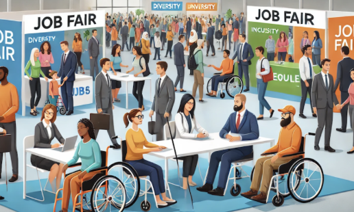 Salon de l'emploi diversifié : participants en situation d'inclusion discutent avec des recruteurs autour de stands.