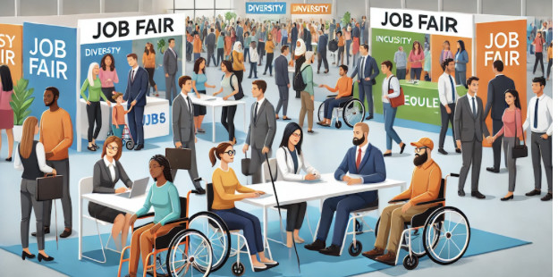 Salon de l'emploi diversifié : participants en situation d'inclusion discutent avec des recruteurs autour de stands.