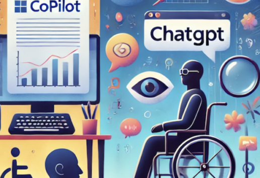 Illustration : personne en fauteuil roulant utilisant des outils numériques comme Microsoft Copilot et ChatGPT.
