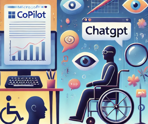 Illustration : personne en fauteuil roulant utilisant des outils numériques comme Microsoft Copilot et ChatGPT.