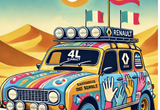 Véhicule Renault 4L rallye, personnalisé, avec drapeaux et symbole accessibilité, dans un désert.