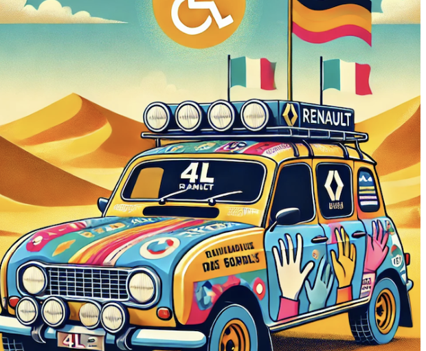 Véhicule Renault 4L rallye, personnalisé, avec drapeaux et symbole accessibilité, dans un désert.