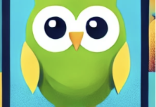 Oiseau vert stylisé ressemblant à une chouette, avec de grands yeux blancs et noirs, bec orange et pattes jaunes.