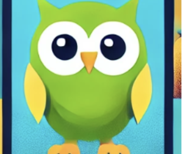 Oiseau vert stylisé ressemblant à une chouette, avec de grands yeux blancs et noirs, bec orange et pattes jaunes.