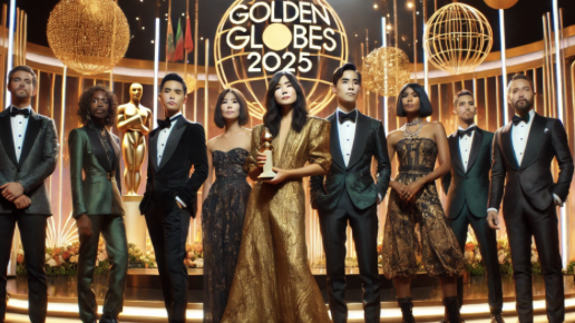 Groupe souriant lors des Golden Globes 2025, tenant une statuette. Événement glamour avec décors dorés et lumineux.