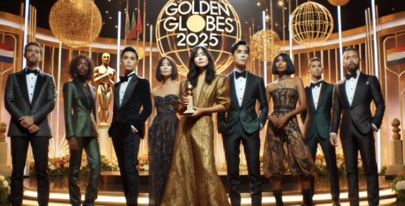 Groupe souriant lors des Golden Globes 2025, tenant une statuette. Événement glamour avec décors dorés et lumineux.