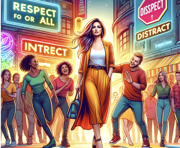 Une femme élégante marche en ville entourée de passants, sous des panneaux humoristiques : "Respect for all" et "Disspect