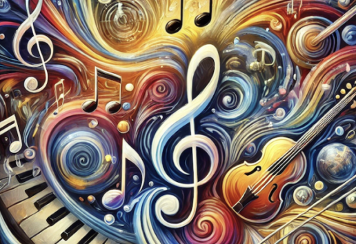 Illustration dynamique de notes de musique stylisées, avec des motifs colorés et des instruments virtuels." (124 caractèr