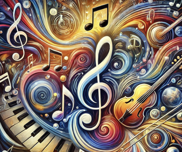 Illustration dynamique de notes de musique stylisées, avec des motifs colorés et des instruments virtuels." (124 caractèr