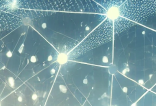 Réseau lumineux complexe avec connexions géométriques et points brillants sur fond bleu clair.