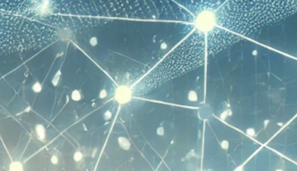 Réseau lumineux complexe avec connexions géométriques et points brillants sur fond bleu clair.