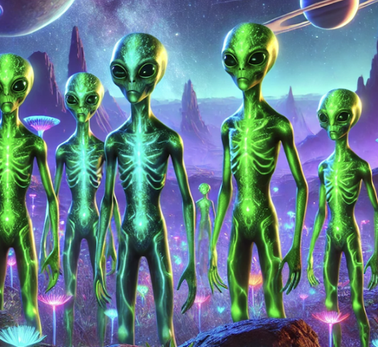 Illustration d’extraterrestres verts translucides dans un paysage futuriste nocturne, avec squelettes visibles et archit