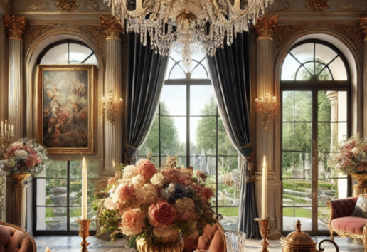 Salle luxueuse avec lustre élégant, fleurs, vitraux et décoration dorée. Ambiance raffinée et lumineuse.