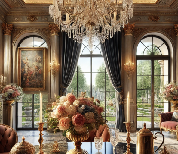 Salle luxueuse avec lustre élégant, fleurs, vitraux et décoration dorée. Ambiance raffinée et lumineuse.