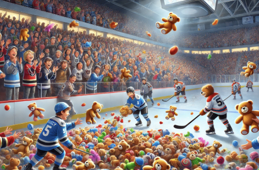 Image d’un match de hockey sur glace animé avec des peluches en tant que joueurs et spectateurs dans une arène festive.