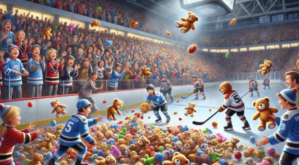 Image d’un match de hockey sur glace animé avec des peluches en tant que joueurs et spectateurs dans une arène festive.