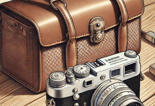 Vieille boîte à appareil photo en cuir avec un Leica vintage sur une table en bois.
