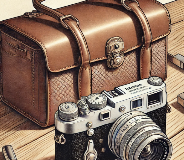 Vieille boîte à appareil photo en cuir avec un Leica vintage sur une table en bois.