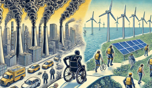 Cette image oppose pollution industrielle et énergies renouvelables : usines polluantes vs éoliennes, panneaux solaires et