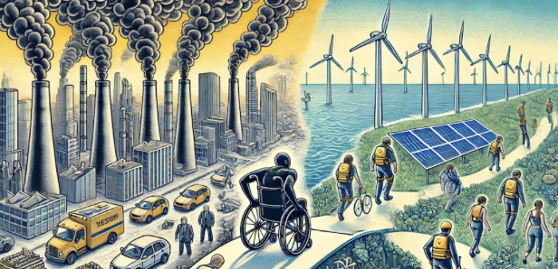 Cette image oppose pollution industrielle et énergies renouvelables : usines polluantes vs éoliennes, panneaux solaires et