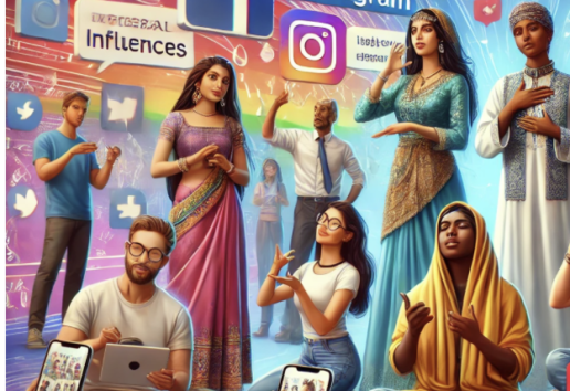 Illustration diversifiée : groupe multiculturel utilisant réseaux sociaux (Facebook, Instagram, TikTok).