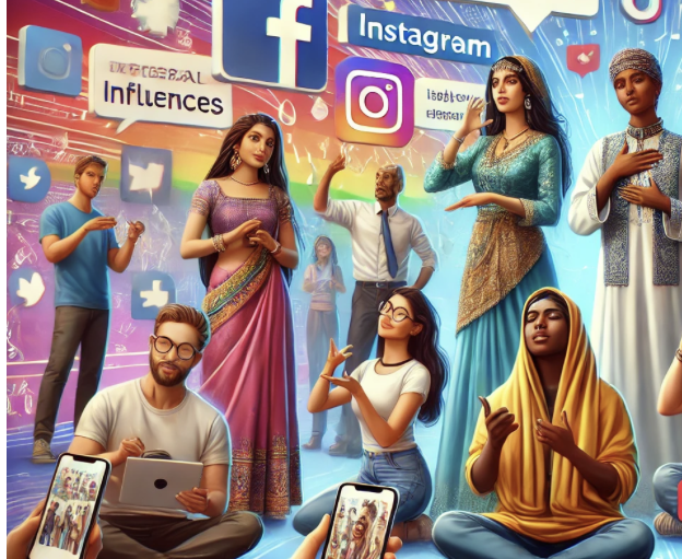 Illustration diversifiée : groupe multiculturel utilisant réseaux sociaux (Facebook, Instagram, TikTok).