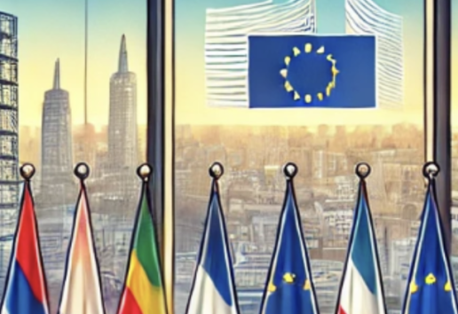 Bâtiment avec vue urbaine, drapeaux européens et nationaux en premier plan, symbole de l'Union européenne." (124 caractè