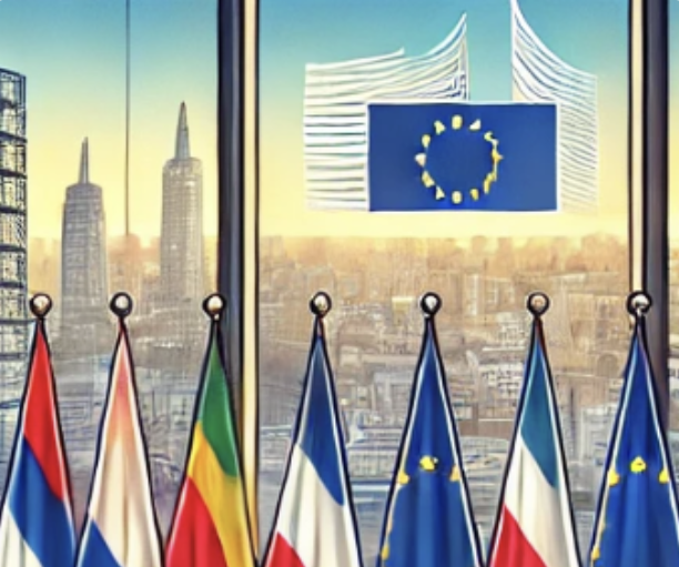 Bâtiment avec vue urbaine, drapeaux européens et nationaux en premier plan, symbole de l'Union européenne." (124 caractè