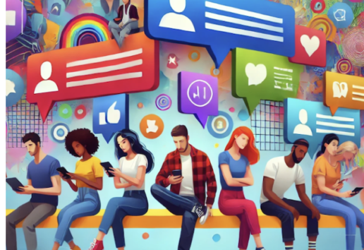 Six personnes interagissent avec divers réseaux sociaux entourés d’icônes colorées et de messages virtuels." (124 cara