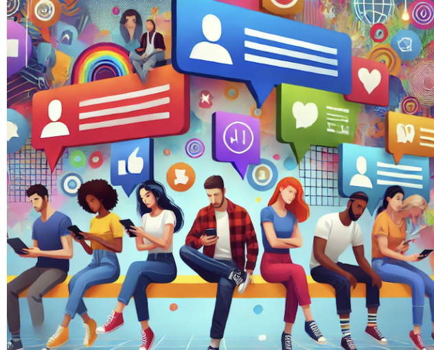 Six personnes interagissent avec divers réseaux sociaux entourés d’icônes colorées et de messages virtuels." (124 cara