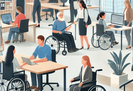 Bureau moderne avec divers employés en activité, dont plusieurs en fauteuil roulant, collaborant et travaillant.