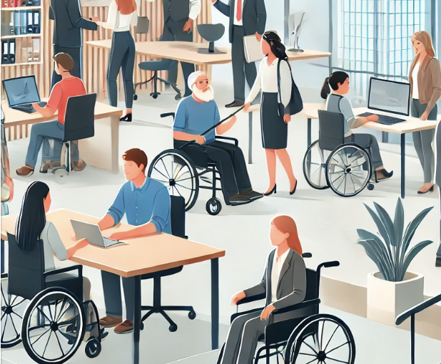 Bureau moderne avec divers employés en activité, dont plusieurs en fauteuil roulant, collaborant et travaillant.