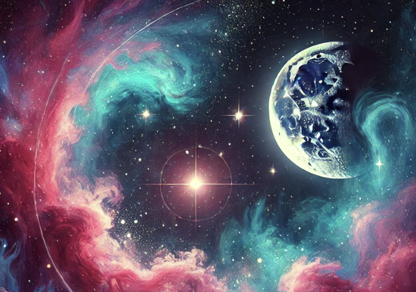 Nébuleuse colorée avec une étoile centrale brillante, entourée d'un ciel étoilé et d'une lune aux reflets bleutés.