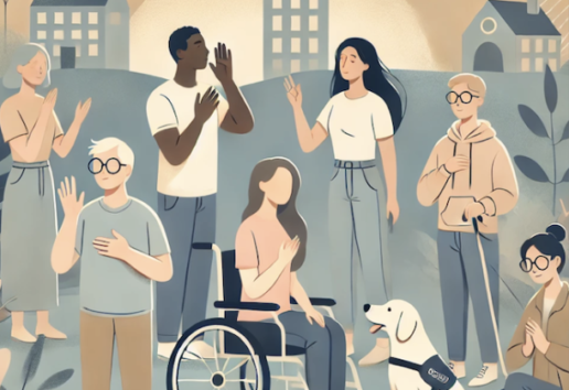 Groupe diversifié célébrant ensemble dans un cadre urbain inclusif : personnes en fauteuil, avec canne, guide-dog et au