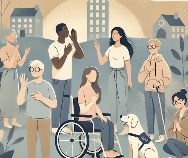 Groupe diversifié célébrant ensemble dans un cadre urbain inclusif : personnes en fauteuil, avec canne, guide-dog et au