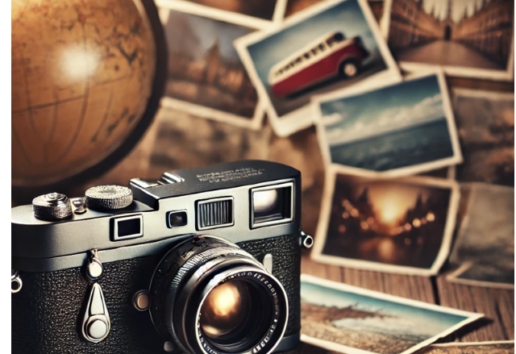 Ancienne caméra vintage posée sur des photos souvenirs et globe terrestre, évoquant les voyages et la photographie.