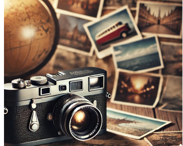 Ancienne caméra vintage posée sur des photos souvenirs et globe terrestre, évoquant les voyages et la photographie.