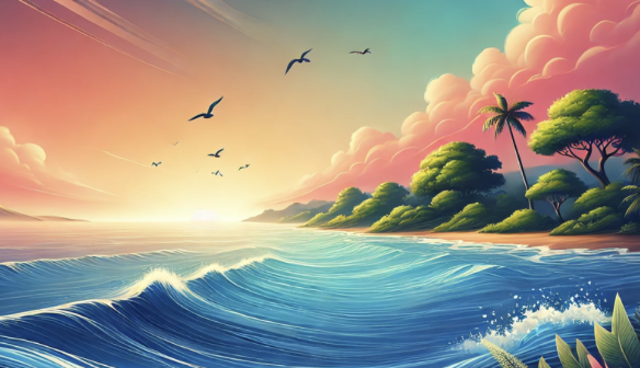 Couchant ensoleillé sur une plage tropicale avec vagues, palmiers et oiseaux en vol.