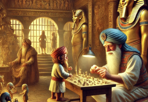 Salle richement décorée avec des statues égyptiennes. Un vieil homme en turban enseigne à un enfant en miniature des figu