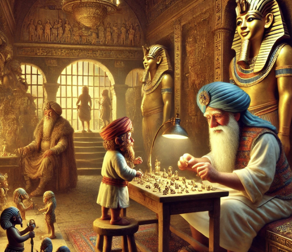 Salle richement décorée avec des statues égyptiennes. Un vieil homme en turban enseigne à un enfant en miniature des figu