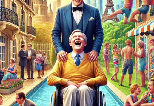 Homme souriant en costume portant un autre en fauteuil roulant, devant une scène festive parisienne ensoleillée.